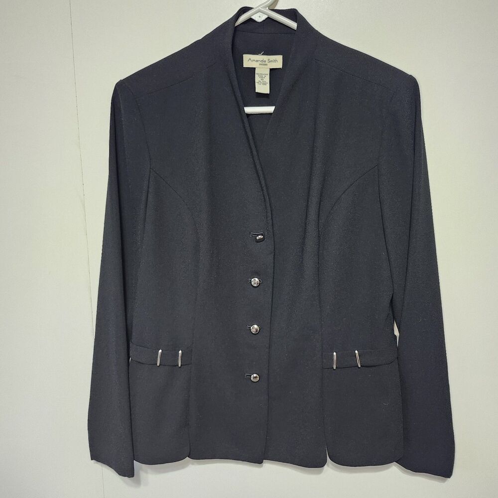 Amanda Smith Blazer Size 10 Vintage Collarless 4 Button Silver Accent